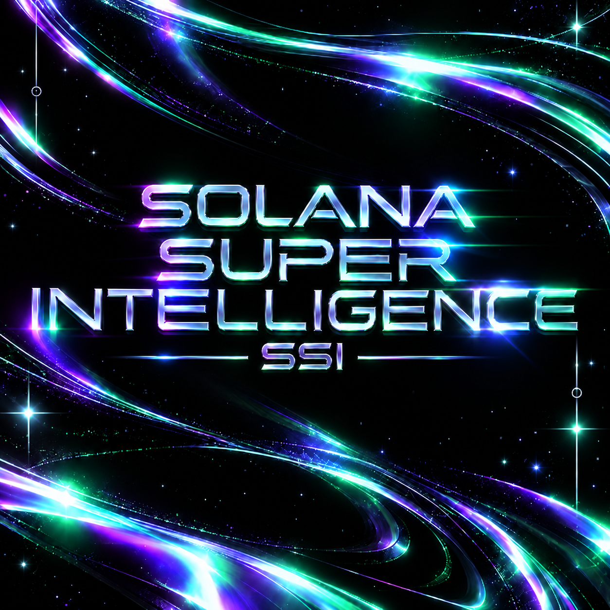 Solana Super Intelligence SSI artwork with glowing purple, turquoise, and green cosmic light trails